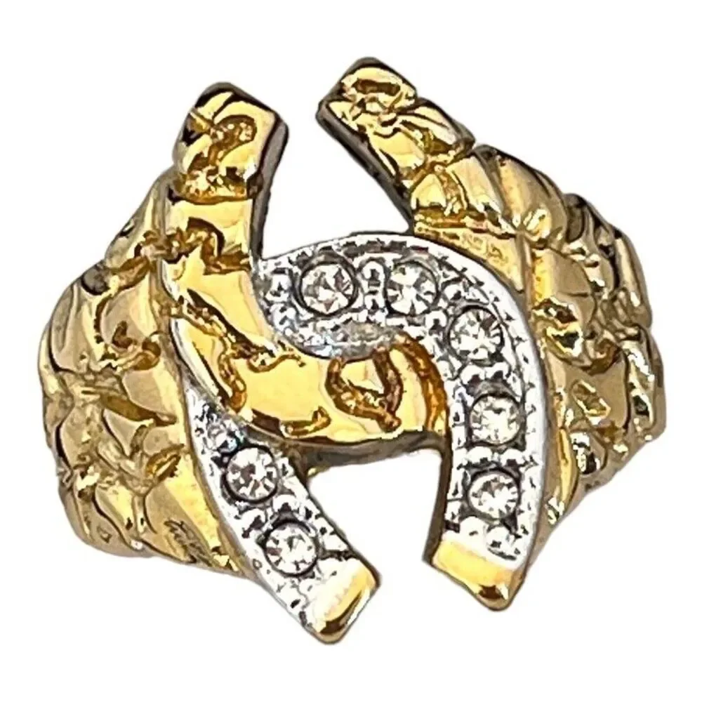 Vintage 1980s Ring Size 9 Horseshoe Nugget Textured CZ Gold Plated - 14P